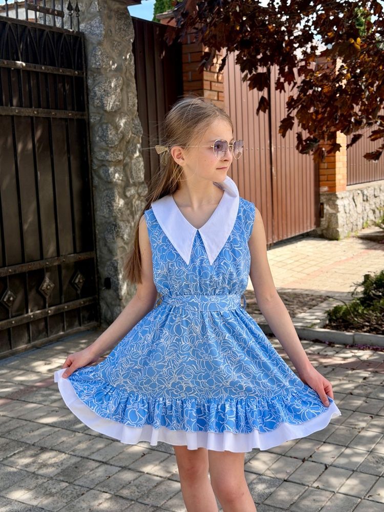 Сукня з комірцем, (без рукавів), Штапель Блакитна